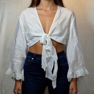 Shrug Coverup Womens Size XL white Long Sleeve Tie Front Linen Feel Boho Fairy